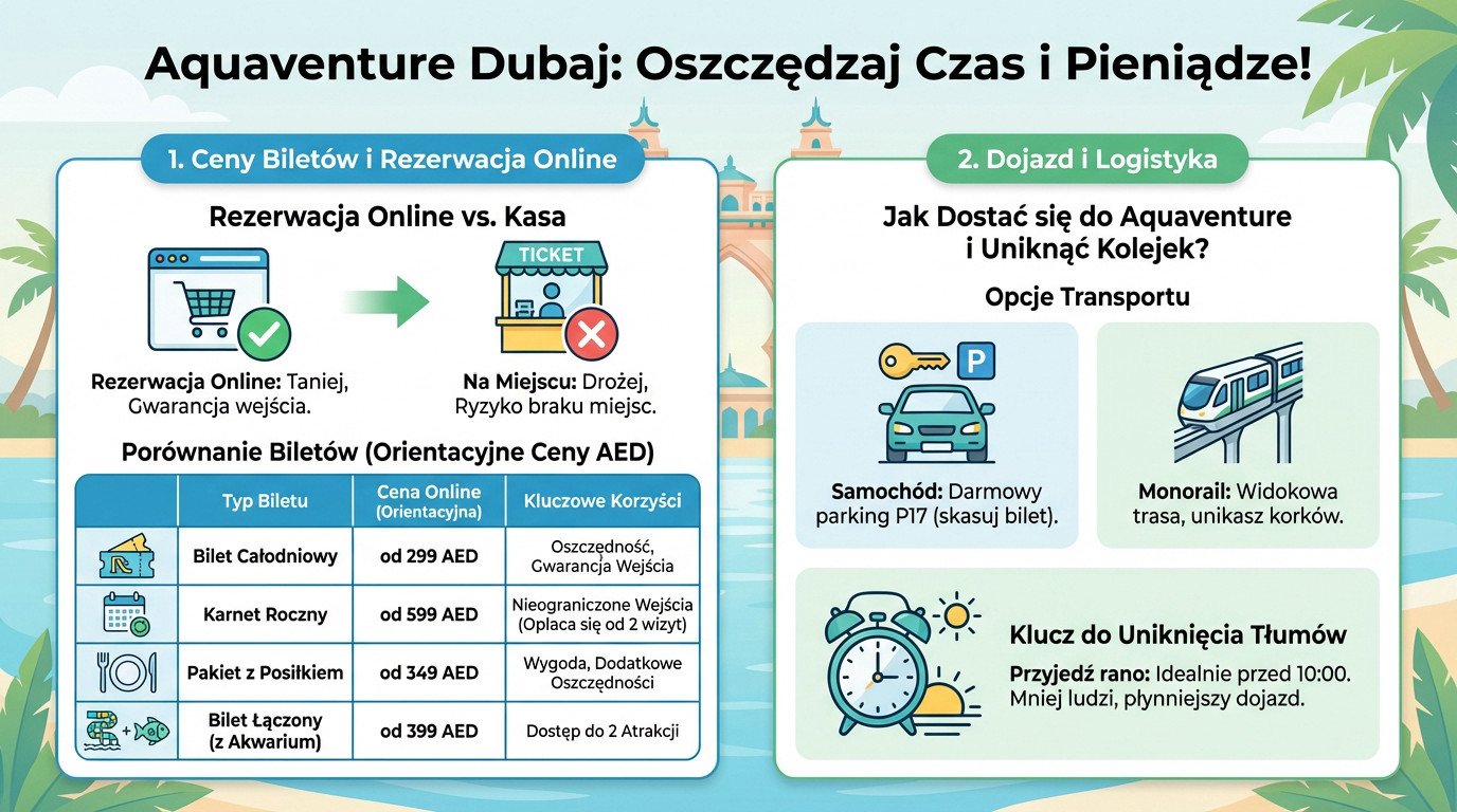 Widok na park wodny Aquaventure w Dubaju z widocznymi zjeżdżalniami i basenami