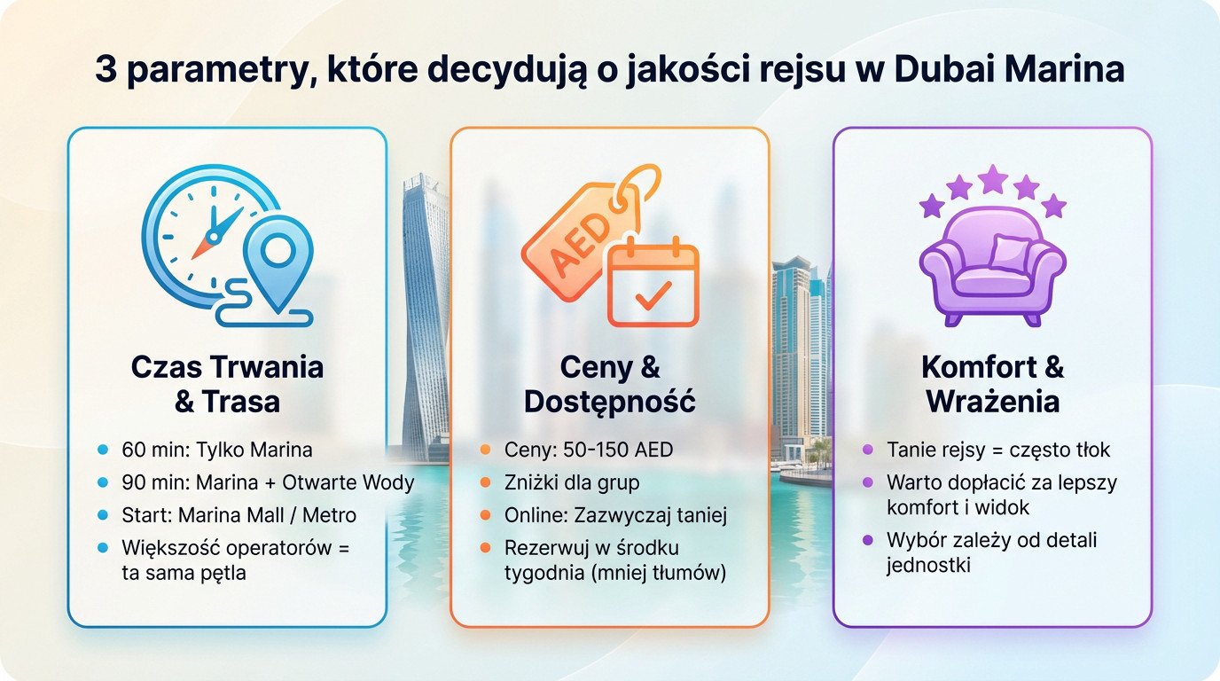 Mapa trasy rejsu po Dubai Marina z zaznaczonymi punktami widokowymi