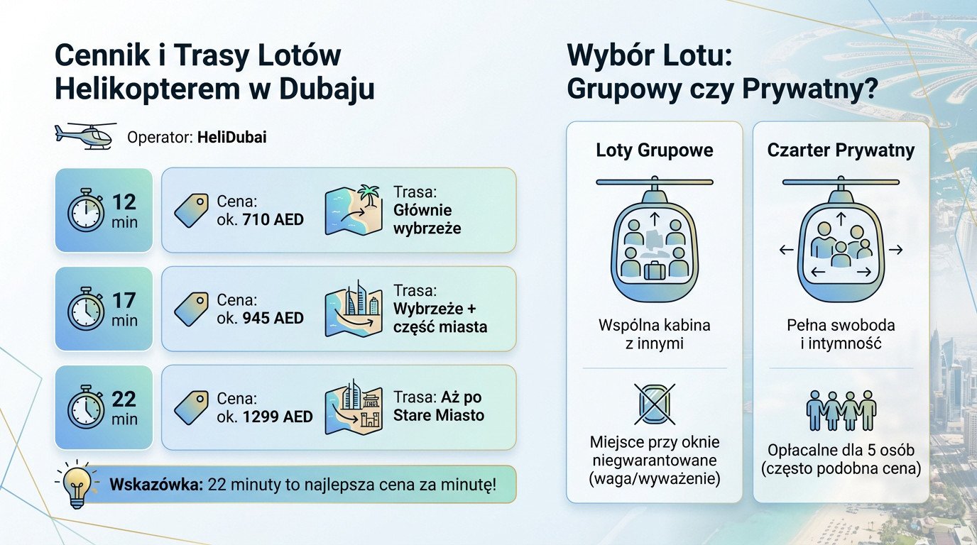 Cennik i opcje lotów helikopterem nad Dubajem z widokiem na panoramę miasta