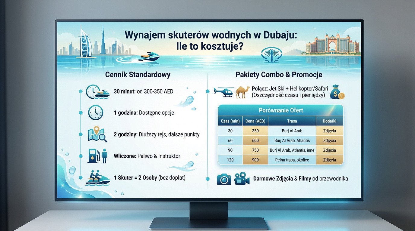 Skutery wodne na tle panoramy Dubaju i Burj Al Arab